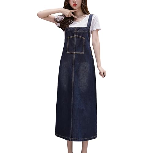 Yishengwan Damen Lang Jeans Latzkleid Latzrock Trägerrock Lose Jeansrock Denim Overall Kleid Blau XL von Yishengwan
