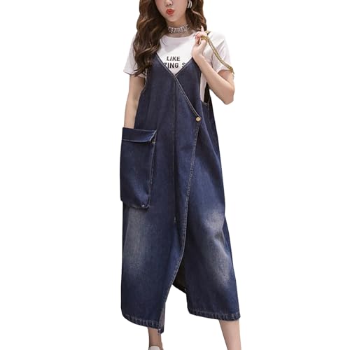 Yishengwan Damen Lang Jeans Latzkleid Lose Latzrock Trägerrock Knielang Jeansrock Denim Overall Kleid mit Taschen Dunkelblau M von Yishengwan