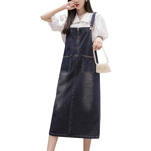Yishengwan Damen Lang Jeanskleid Lose Latzkleid Latzrock Elegante Jeansrock mit Taschen Dunkelblau XXL von Yishengwan