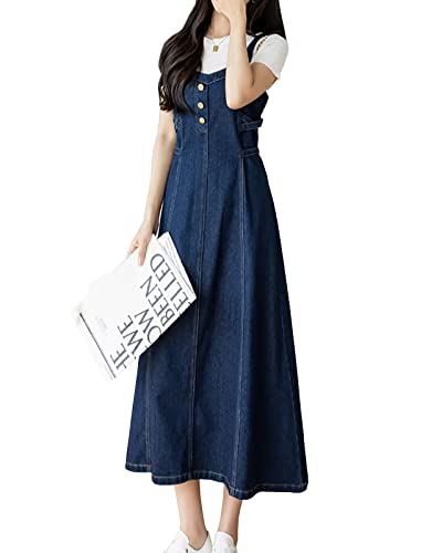 Yishengwan Damen Lange Latzkleid Jeans LatzrockTrägerrock Jeansrock Denim Overall Kleid Dunkelblau 3XL von Yishengwan