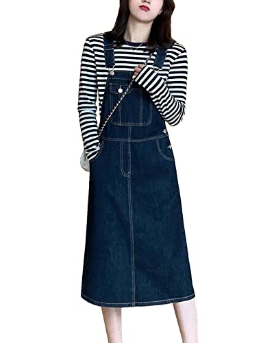Yishengwan Damen Latzrock Jeans Latzkleid Mid Lang Trägerrock Jeansrock Overall mit Taschen Dunkelblau M von Yishengwan