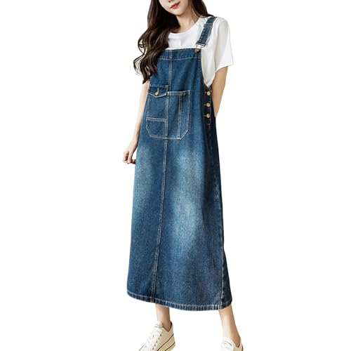 Yishengwan Damen Latzrock Mid Lang Lose Jeansrock Latzkleid Trägerrock Overall Kleid Dunkelblau XXL von Yishengwan