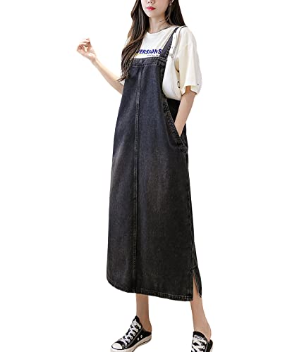 Yishengwan Damen Lose Latzrock Jeans Latzkleid Lang Trägerrock Jeansrock Denim Overall Grau S von Yishengwan