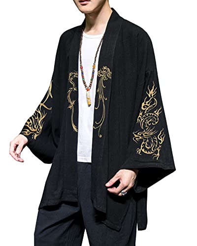Yishengwan Herren Japanische Kimono Jacke Robe Haori Kleidung Stile Cardigan Jacke Robe Open Front Kostüm Bademantel Nachtwäsche Schwarz L von Yishengwan