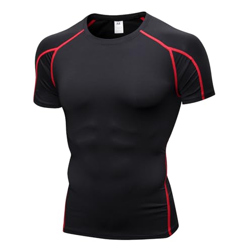 Yishengwan Herren Kompressionsshirt Kurzarm Funktionsshirt Schnelltrocknend Laufshirt Sportshirt Fitnessshirt für Männer Schwarz Rot S von Yishengwan