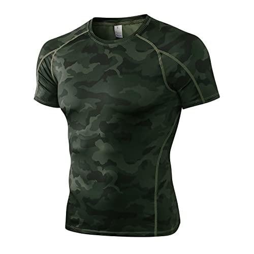 Yishengwan Herren Kompressionsshirt Kurzarm Funktionsshirt Schnelltrocknend Laufshirt Sportshirt Fitnessshirt für Männer Tarnfarbe Grün M von Yishengwan