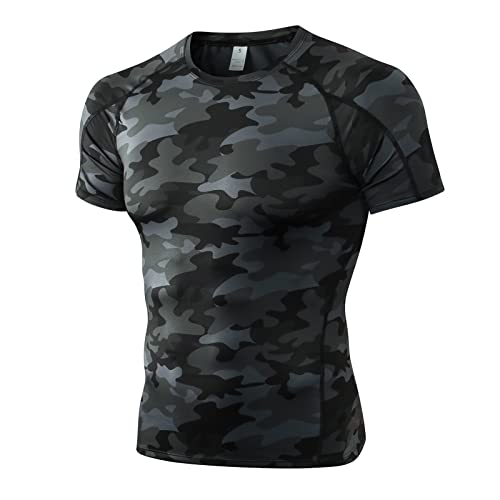 Yishengwan Herren Kompressionsshirt Kurzarm Funktionsshirt Schnelltrocknend Laufshirt Sportshirt Fitnessshirt für Männer Tarnfarbe Schwarz L von Yishengwan