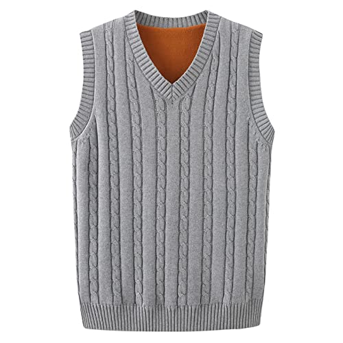 Yishengwan Herren Pullunder Strickweste V-Ausschnitt Strickjacke Ärmellose Strickpullover Weste für Männer Hellgrau(Warm Gefüttert) XS von Yishengwan