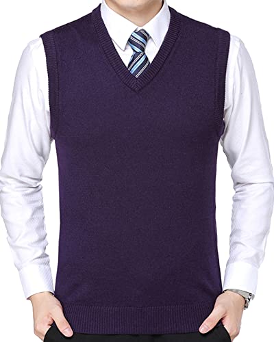 Yishengwan Herren Pullunder V-Ausschnitt Strickweste Ärmellose Einfarbig Strickpullover für Männer Klassische Gentleman Weste Violett M von Yishengwan