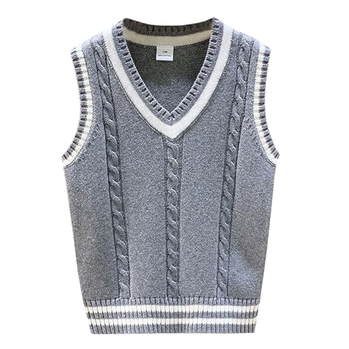 Yishengwan Jungen Pullunder Kinder V-Ausschnitt Strickweste Ärmellos Strickpullover Sweatshirt Gestrickte Weste Grau 10-11 Jahre von Yishengwan