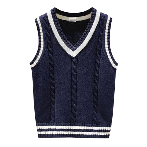 Yishengwan Jungen Pullunder Kinder V-Ausschnitt Strickweste Ärmellos Strickpullover Sweatshirt Gestrickte Weste Marine 12-13 Jahre von Yishengwan