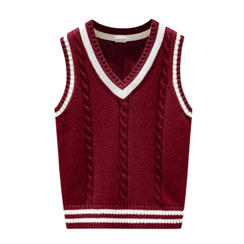 Yishengwan Jungen Pullunder Kinder V-Ausschnitt Strickweste Ärmellos Strickpullover Sweatshirt Gestrickte Weste Weinrot 4-5 Jahre von Yishengwan