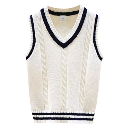 Yishengwan Jungen Pullunder Kinder V-Ausschnitt Strickweste Ärmellos Strickpullover Sweatshirt Gestrickte Weste Weiß 4-5 Jahre von Yishengwan