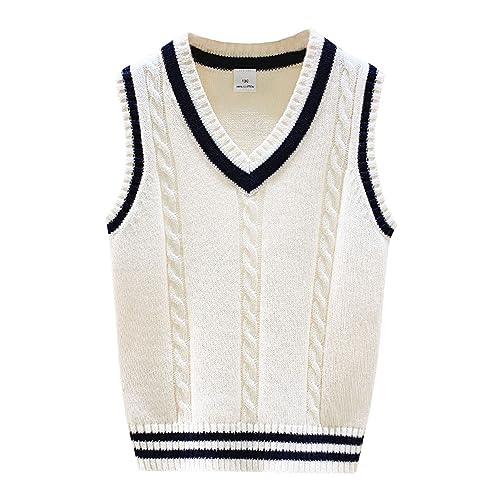 Yishengwan Jungen Strickweste V-Ausschnitt Kinder Ärmellos Pullunder Gestrickte Oberteile Weste Beige 130 von Yishengwan