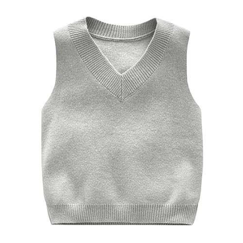 Yishengwan Kinder Jungen Pullunder V-Ausschnitt Strickweste Unifarbene Gestrickte Weste Ärmellos Strickpullover Grau 1-2 Jahre von Yishengwan