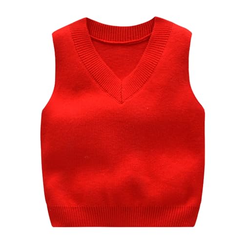 Yishengwan Kinder Jungen Pullunder V-Ausschnitt Strickweste Unifarbene Gestrickte Weste Ärmellos Strickpullover Rot 3-4 Jahre von Yishengwan