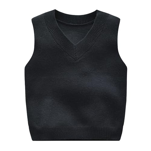 Yishengwan Kinder Jungen Pullunder V-Ausschnitt Strickweste Unifarbene Gestrickte Weste Ärmellos Strickpullover Schwarz 4-5 Jahre von Yishengwan