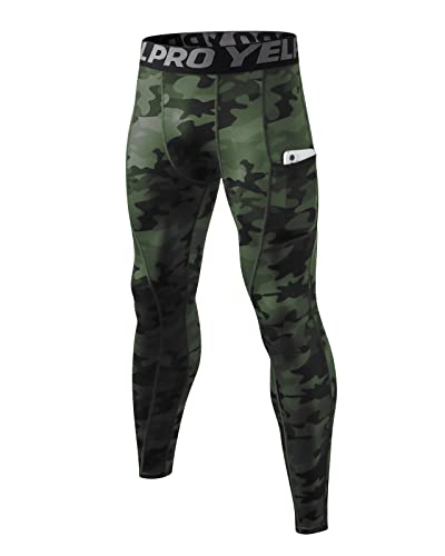 Yishengwan Kompressionshose Herren Schnelltrocknend Laufhose Funktionsunterhose Lang Atmungsaktiv Sport Leggings für Männer mit Taschen Tarngrün L von Yishengwan