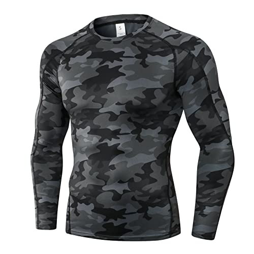 Yishengwan Kompressionsshirt Herren Funktionsshirt Langarm Männer Fitnessshirt Sportshirt Atmungsaktiv Laufshirt für Laufen Jogging Gym Tarnung Schwarz S von Yishengwan