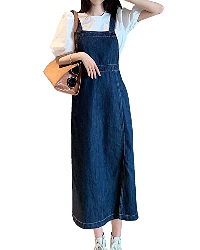 Yishengwan Latzrock Damen Lang Jeans Latzkleid Trägerrock Jeansrock Denim Overall Kleid Blau M von Yishengwan