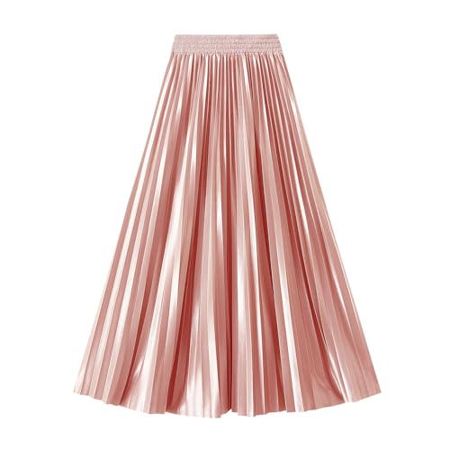 Yishengwan Plisseerock Damen Lang A-Linie Faltenrock Hohe Taille Lang Röcke Sommerrock Pink Einheitsgröße von Yishengwan