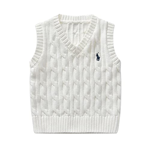 Yishengwan Strickweste Kinder Mädchen Jungen V-Ausschnitt Ärmellos Pullover Gestrickte Pullunder Strickpullover Oberteile Weste Weiß 120 von Yishengwan