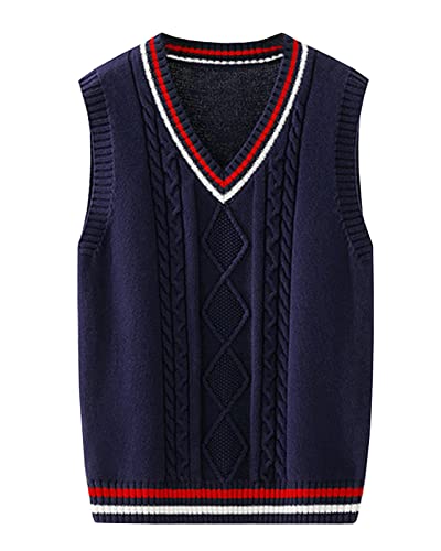 Yishengwan V-Ausschnitt Strickweste Kinder Ärmellos Pullover Gestrickte Pullunder Strickpullover Oberteile Weste für Jungen Mädchen Navy 140 von Yishengwan