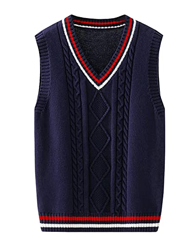 Yishengwan V-Ausschnitt Strickweste Kinder Ärmellos Pullover Gestrickte Pullunder Strickpullover Oberteile Weste für Jungen Mädchen Navy 160 von Yishengwan