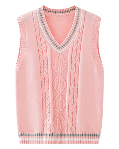Yishengwan V-Ausschnitt Strickweste Kinder Ärmellos Pullover Gestrickte Pullunder Strickpullover Oberteile Weste für Jungen Mädchen Pink 130 von Yishengwan