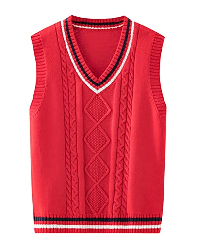 Yishengwan V-Ausschnitt Strickweste Kinder Ärmellos Pullover Gestrickte Pullunder Strickpullover Oberteile Weste für Jungen Mädchen Rot 130 von Yishengwan