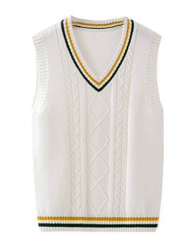 Yishengwan V-Ausschnitt Strickweste Kinder Ärmellos Pullover Gestrickte Pullunder Strickpullover Oberteile Weste für Jungen Mädchen Weiß 150 von Yishengwan