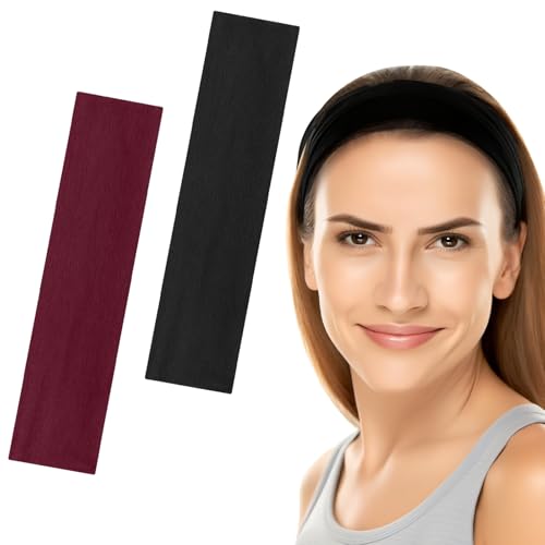 6 cm breite Stirnbänder für Damen und Herren, Unisex, modische Haarbänder für Damenhaar, weicher Stoff, dehnbar, elastische Haarbänder für Make-up, Yoga, Laufen (Schwarz + Weinrot, Einheitsgröße) von Yisica