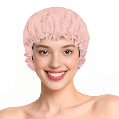 Doppellagige wasserdichte Duschhaube mit Gummiband, wiederverwendbare Badekappe für Frauen, große wasserdichte Kunststoff-Duschhaube für lange, kurze und lockige Haare, Spa-Salon (Rosa-Little Flower) von Yisica