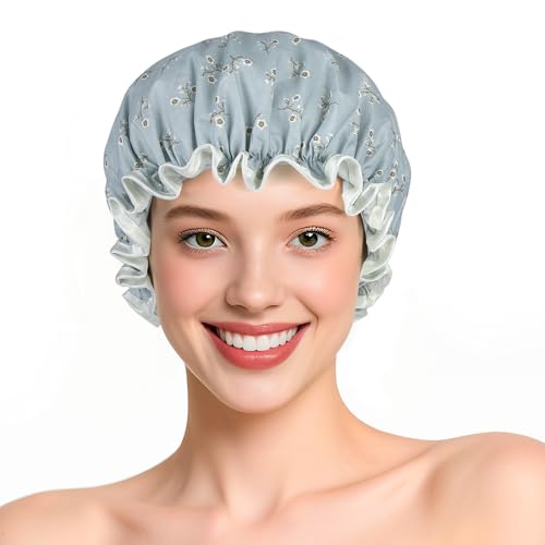 Doppellagige wasserdichte Duschhaube mit Gummiband, wiederverwendbare Badekappe für Frauen, große wasserdichte Kunststoff-Duschhaube für lange, kurze und lockige Haare, Spa-Salon (blau-kleine Blume) von Yisica