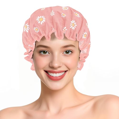 Doppellagige wasserdichte Duschhaube mit Gummiband, wiederverwendbare Badekappe für Frauen, großer wasserdichter Kunststoff-Duschhut für lange, kurze und lockige Haare, Spa-Salon (Deep Pink-Little Doppellagige wasserdichte Duschhaube mit Gummiband, wiederverwendbare Badekappe für Frauen, großer wasserdichter Kunststoff-Duschhut für lange, kurze und lockige Haare, Spa-Salon (Deep Pink-Little von Yisica