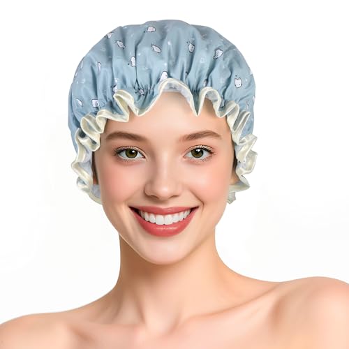 Doppellagige wasserdichte Duschhaube mit Gummiband, wiederverwendbare Badekappe für Frauen, großer wasserdichter Kunststoff-Duschhut für lange, kurze und lockige Haare, Spa-Salon (blau-kleine Katze) von Yisica