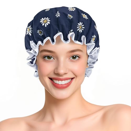 Doppellagige wasserdichte Duschhaube mit Gummiband, wiederverwendbare Badekappe für Frauen, großer wasserdichter Kunststoff-Duschhut für lange, kurze und lockige Haare, Spa-Salon (dunkelblau-kleines Doppellagige wasserdichte Duschhaube mit Gummiband, wiederverwendbare Badekappe für Frauen, großer wasserdichter Kunststoff-Duschhut für lange, kurze und lockige Haare, Spa-Salon (dunkelblau-kleines von Yisica