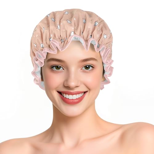 Doppellagige wasserdichte Duschhaube mit Gummiband, wiederverwendbare Badekappe für Frauen, großer wasserdichter Kunststoff-Duschhut für lange, kurze und lockige Haare, Spa-Salon (pink-kleine Katze) von Yisica
