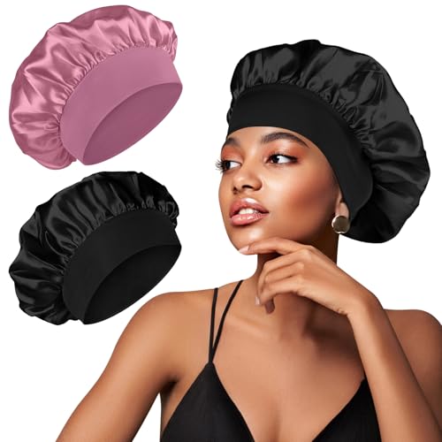 Seiden-Haarwickel zum Schlafen, Haarhaube mit breitem Gummiband, weiche Nachtschlafkappe für Frauen und Mädchen, Haarpflege, Kopfbedeckung für lockiges Haar, 2 Stück Seiden-Haarwickel zum Schlafen, Haarhaube mit breitem Gummiband, weiche Nachtschlafkappe für Frauen und Mädchen, Haarpflege, Kopfbedeckung für lockiges Haar, 2 Stück von Yisica