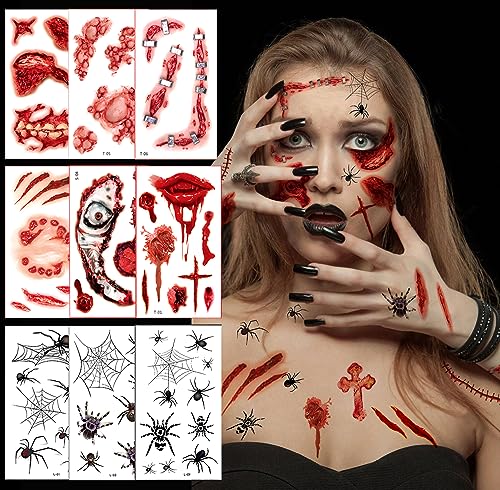 258+pcs Temporäre Tattoos 20 Blatt Wunden Fake Tattoos+10 Blatt Spinne Tattoo,Halloween Fake Tattoos Narben Tattoos für Halloween Party,Tattoos Kinder Erwachsene von Yitla