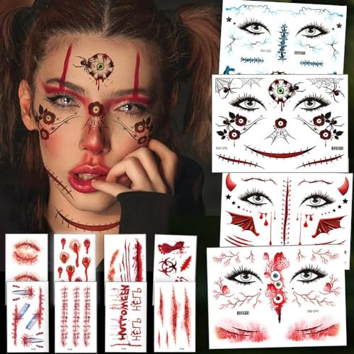 36 Blatt 300+Pcs Halloween Temporäre Tattoos Halloween Fake Tattoos Halloween Make Up Gesichtstattoo+Wunden Scab Blut Tattoos,Tattoos Erwachsene Tattoos Zum Aufkleben von Yitla