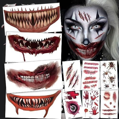 Halloween Decorations Temporäre Tattoos,10stk Gesichts Tattoo Totenkopf Skull zum Aufkleben + 30stk Scars Tattoos Aufkleber,Halloween Stickers Fake Tattoos für Halloweenkostüm Gruselparty von Yitla