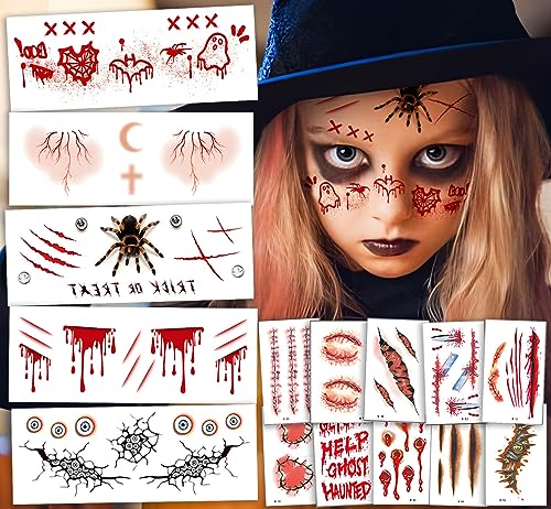 Halloween Temporäre Tattoos 260+ Stück - 30 Blatt Narben Tattoo + 6 Blatt Gesichtstattoo für Kinder und Erwachsene von Yitla