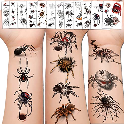 Halloween Spinnen Tattoos 12Blatt Temporäre Tattoos Halloween Tattoos Kinder Schaurige Spinnweben Realistischer Stereo-Effekt Schwarz Spinnen Tattoos Halloween Temporäre Tattoos Aufkleber von Yitla