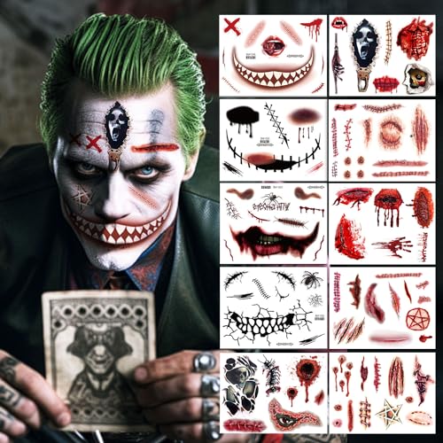 Halloween Temporäre Tattoos Großes-5.9×7.9zoll 100Pcs+ Halloween Fake Tattoos Halloween Zombie Make up Tatoo Temporäre 10 Blätt Large Size Tattoos Realistische Horror Tattoos von Yitla