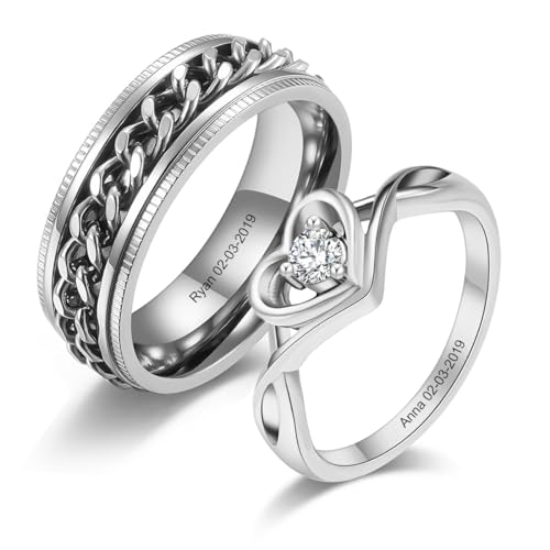 Paar Ringe Personalisiert mit I Love You Gravur Edelstahl Yin Yang Verlobungsring für Valentinstag Hochzeitstag (Herz Paar Ringe) von Yitoes