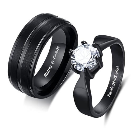 Paar Ringe Personalisiert mit I Love You Gravur Edelstahl Yin Yang Verlobungsring für Valentinstag Hochzeitstag (blue and black cz couple rings) von Yitoes