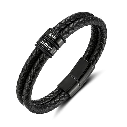 Personalisierte Männer Armband mit 2-5 Namen, Herren Geflochtene Leder Armbänder mit Gravur für Papa, Geschenk für Vatertag Geburtstag Jubiläum Weihnachten von Yitoes