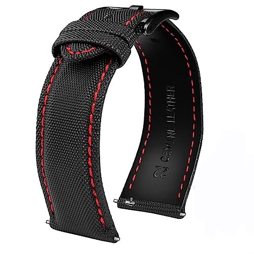 Yitre Nylon-Leder-Uhrenarmband mit Edelstahl-Schnalle, Ersatz-Uhrenarmbandschlaufe für Damen und Herren, Schwarz Rot Schwarz, 22 mm Yitre Nylon-Leder-Uhrenarmband mit Edelstahl-Schnalle, Ersatz-Uhrenarmbandschlaufe für Damen und Herren, Schwarz Rot Schwarz, 22 mm von Yitre