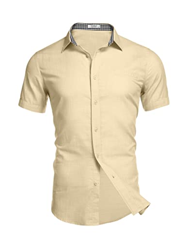 Yitrend Herren Businesshemd Kurzarm Strand Freizeithemd Leinenhemd Baumwolle Kontrast Kragen Leicht Regular Fit Shirt Helles Khaki XL von Yitrend